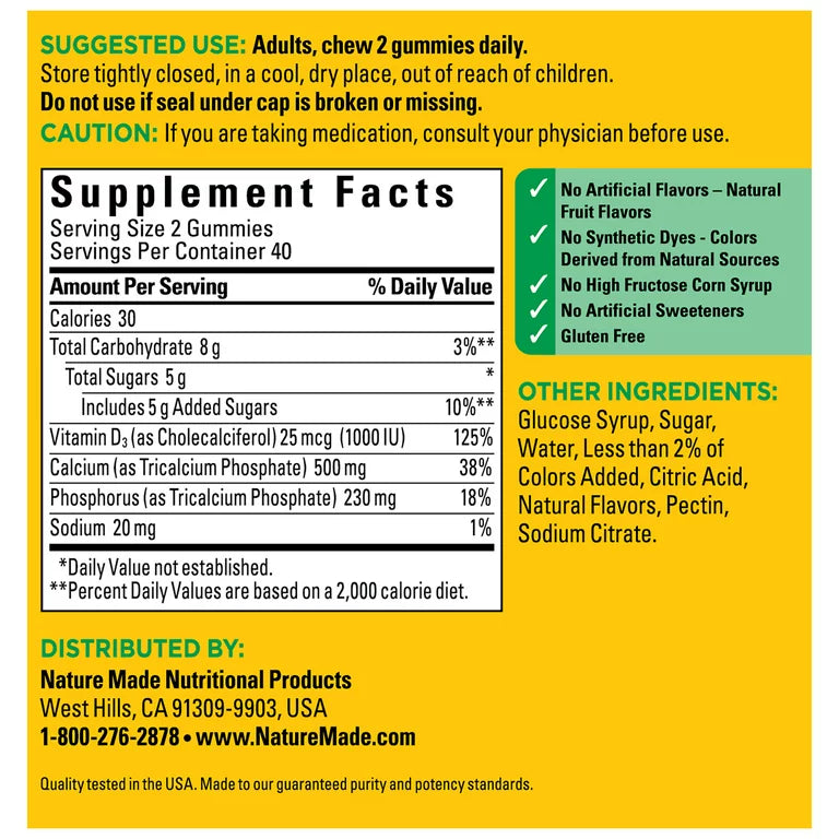Nature Made Calcium 500 mg Per Serving Gummies, Dietary Supplement for Bone Support, 80 Count