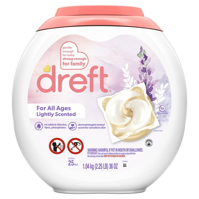 Dreft Laundry Detergent XL Pacs, Lightly Scented, Lavender, HE Compatible, 25 Count