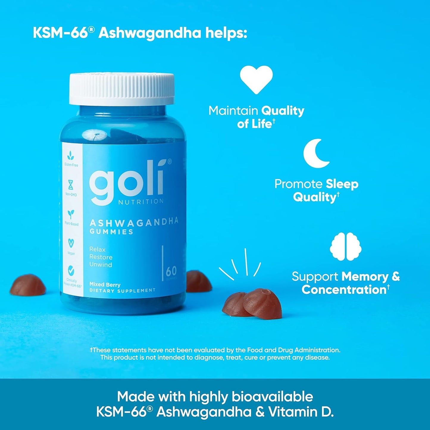 Goli Nutrition Gomitas Ashwagandha Sabor a Bayas Mixtas, 60 Unidades