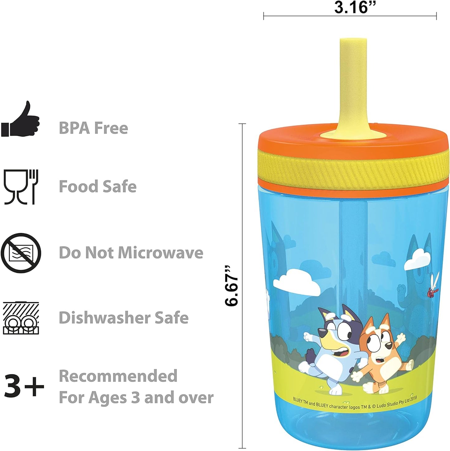 Zak Designs - Juego de vasos Bluey Kelso de 15 onzas