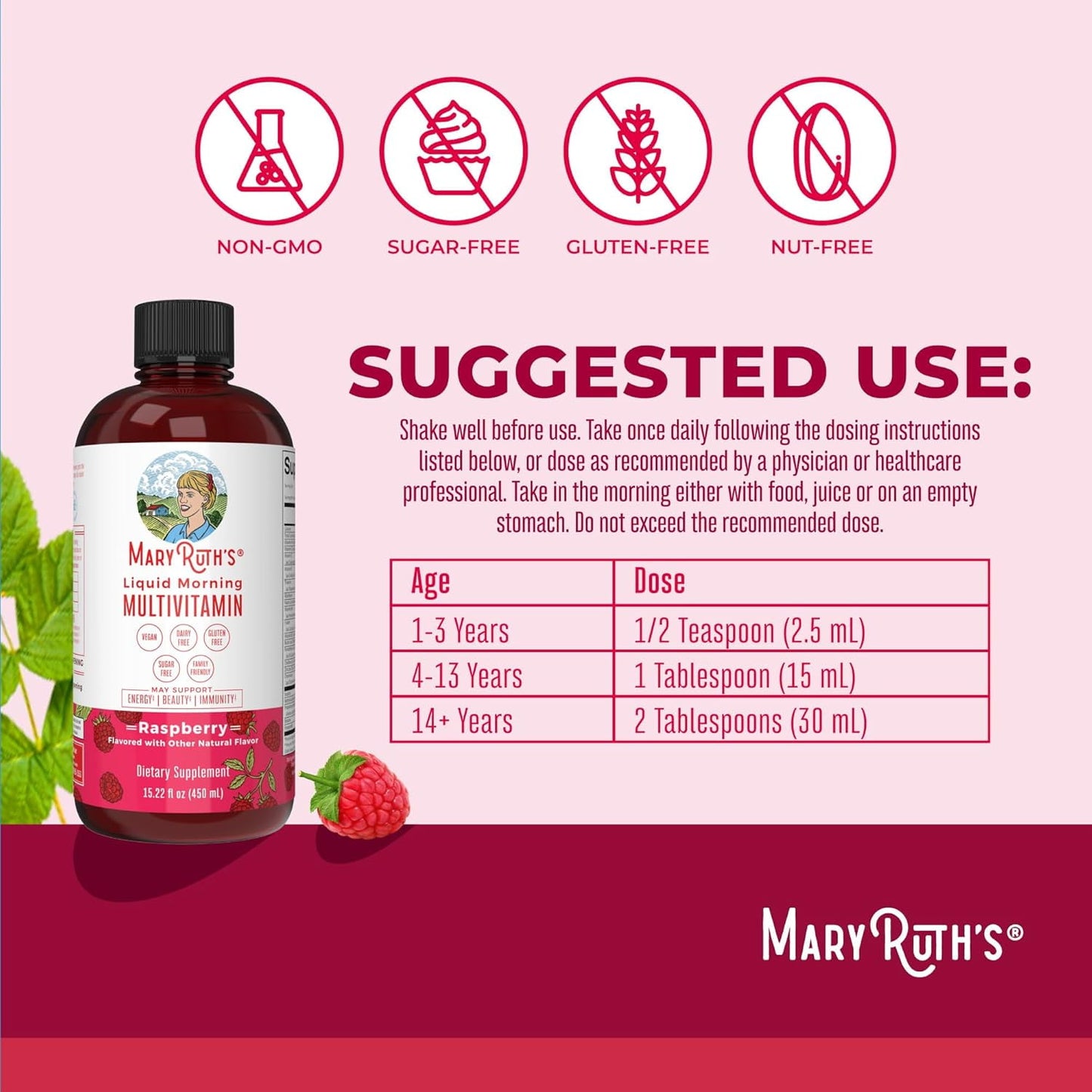 Multivitamin, Matutino Líquido para Adultos y Niños, Vitaminas Diarias Completas, Frambuesa, 15.22 fl oz