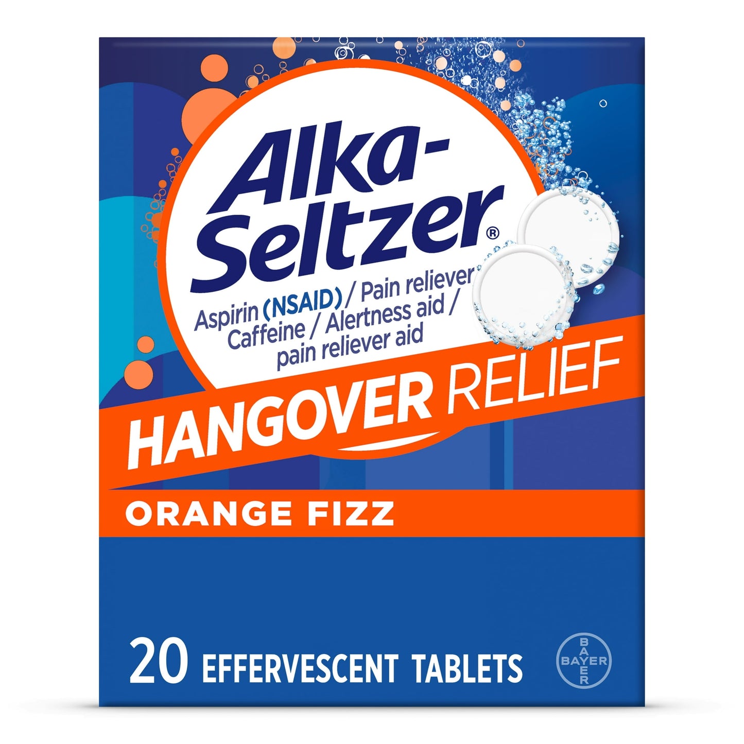 Alka-Seltzer efervescente para la resaca, aspirina, cafeína, 20 comprimidos