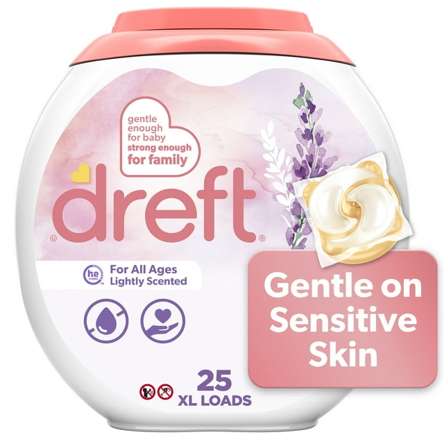 Dreft Laundry Detergent XL Pacs, Lightly Scented, Lavender, HE Compatible, 25 Count