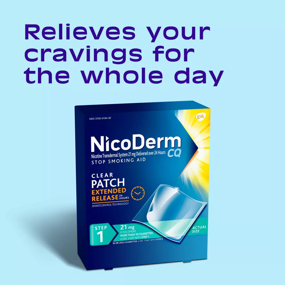 NicoDerm CQ Stop Smoking Aid Clear Patches Step 1 - 14ct Parches Nicotina 21mg