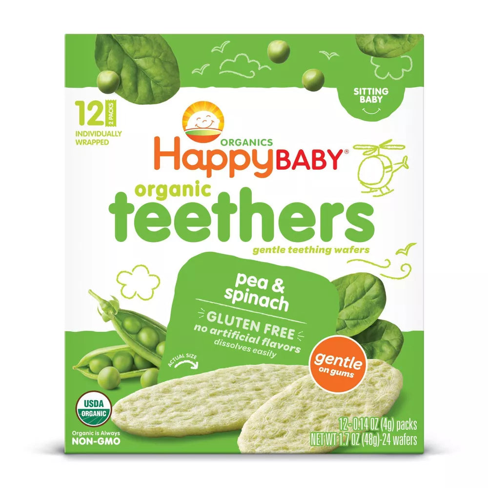 HappyBaby Mordedores Orgánicos de Guisantes y Espinacas - 12ct/1.68oz