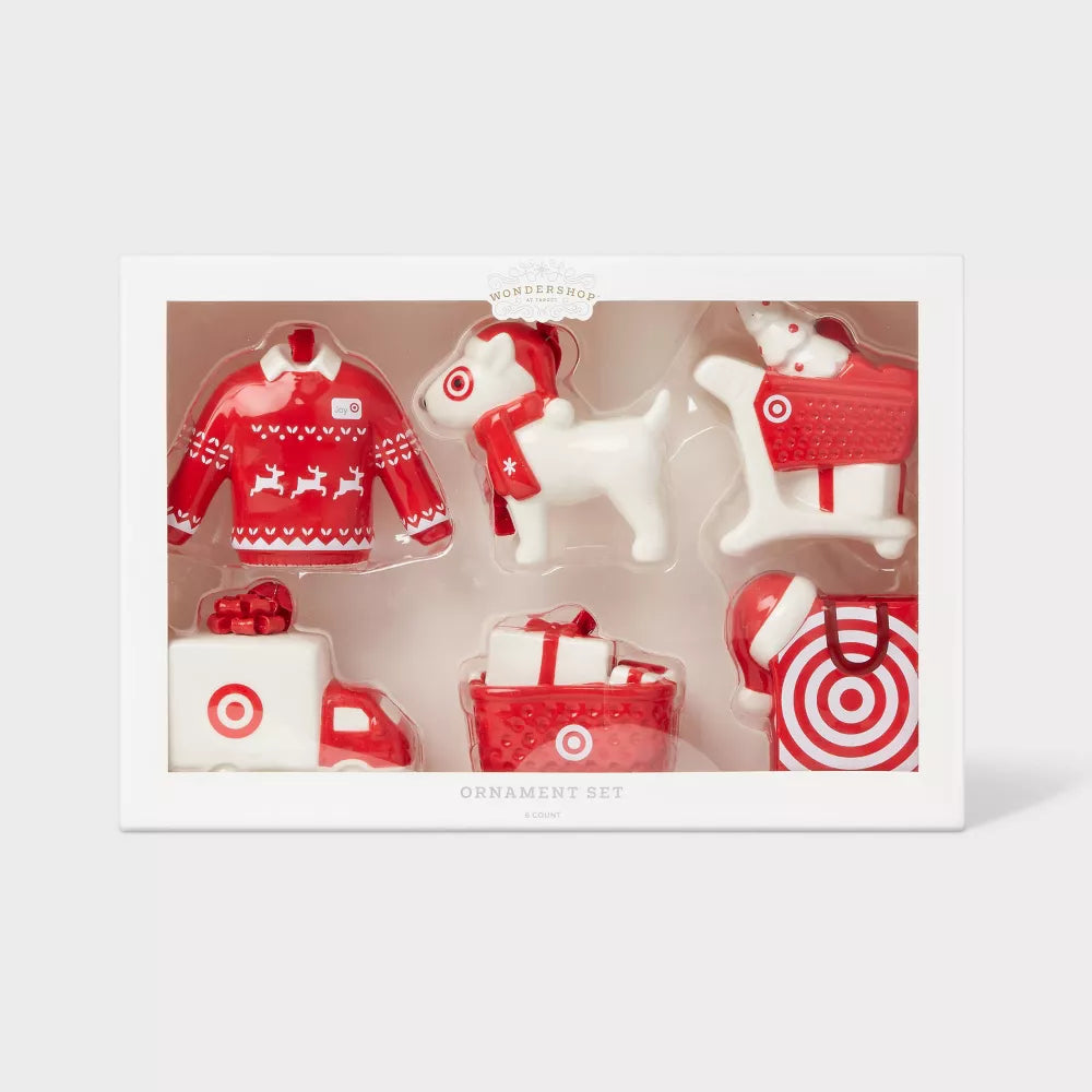 6pc Ceramic Target Christmas Tree Ornament Set Red/White