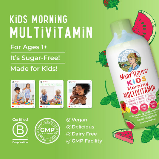 Kids Multivitamínico Líquido Matutino sin Azúcar, Sabor Melón y Fresa, 15.22 oz