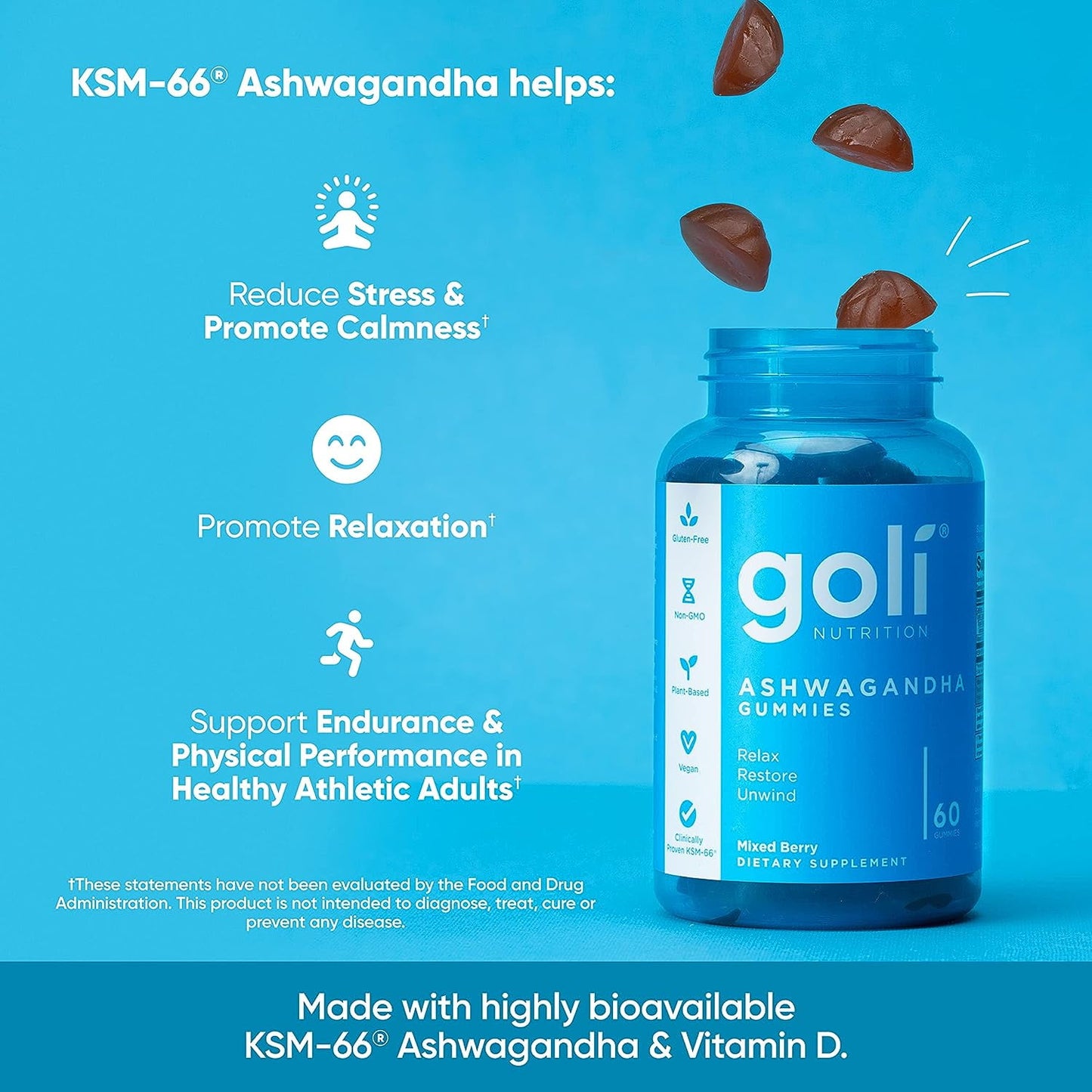 Goli Nutrition Gomitas Ashwagandha Sabor a Bayas Mixtas, 60 Unidades