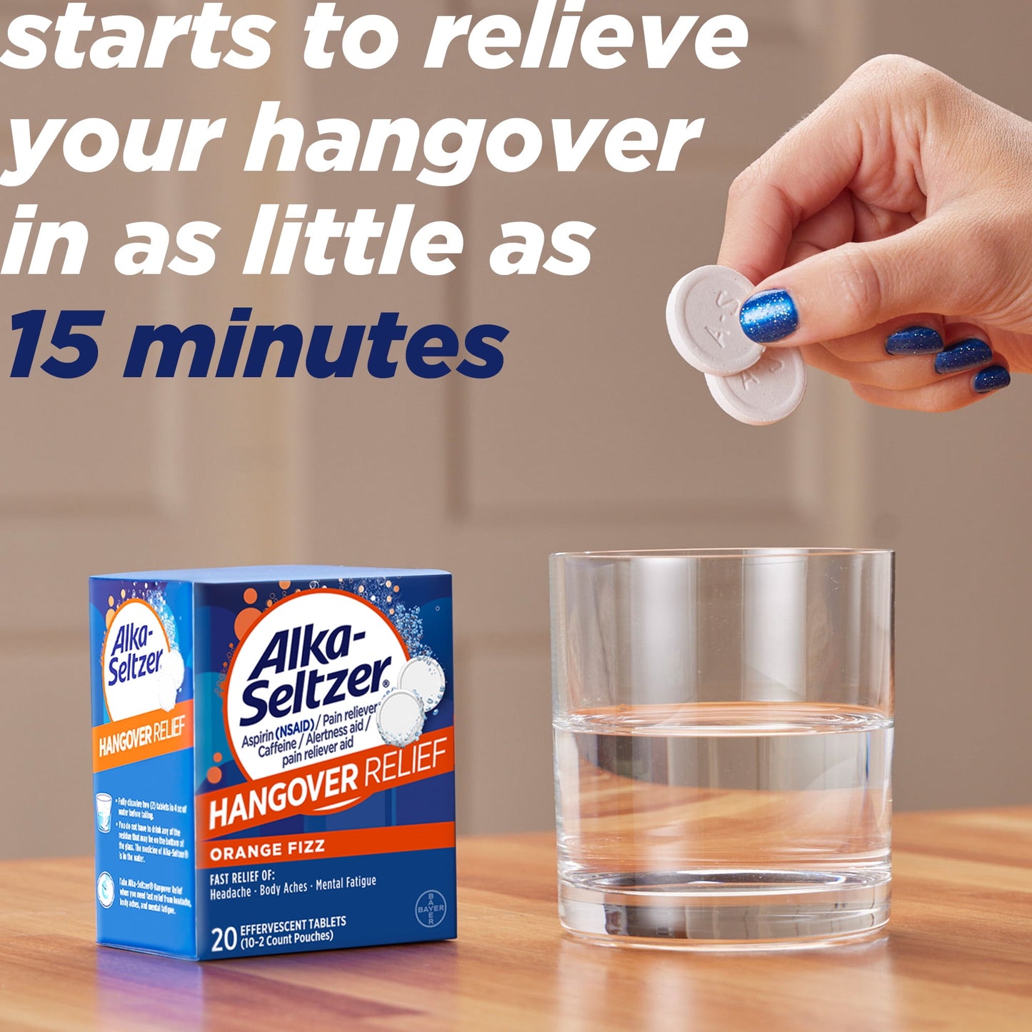 Alka-Seltzer efervescente para la resaca, aspirina, cafeína, 20 comprimidos
