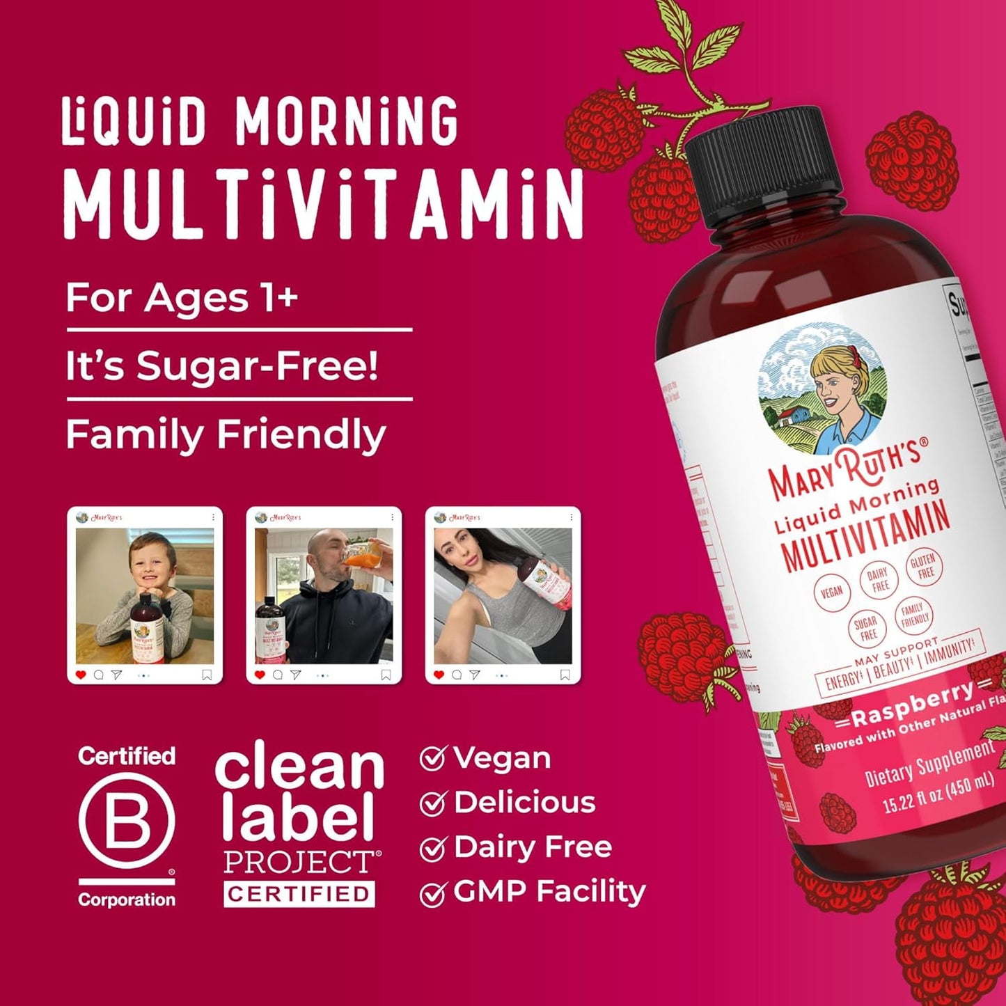 Multivitamin, Matutino Líquido para Adultos y Niños, Vitaminas Diarias Completas, Frambuesa, 15.22 fl oz