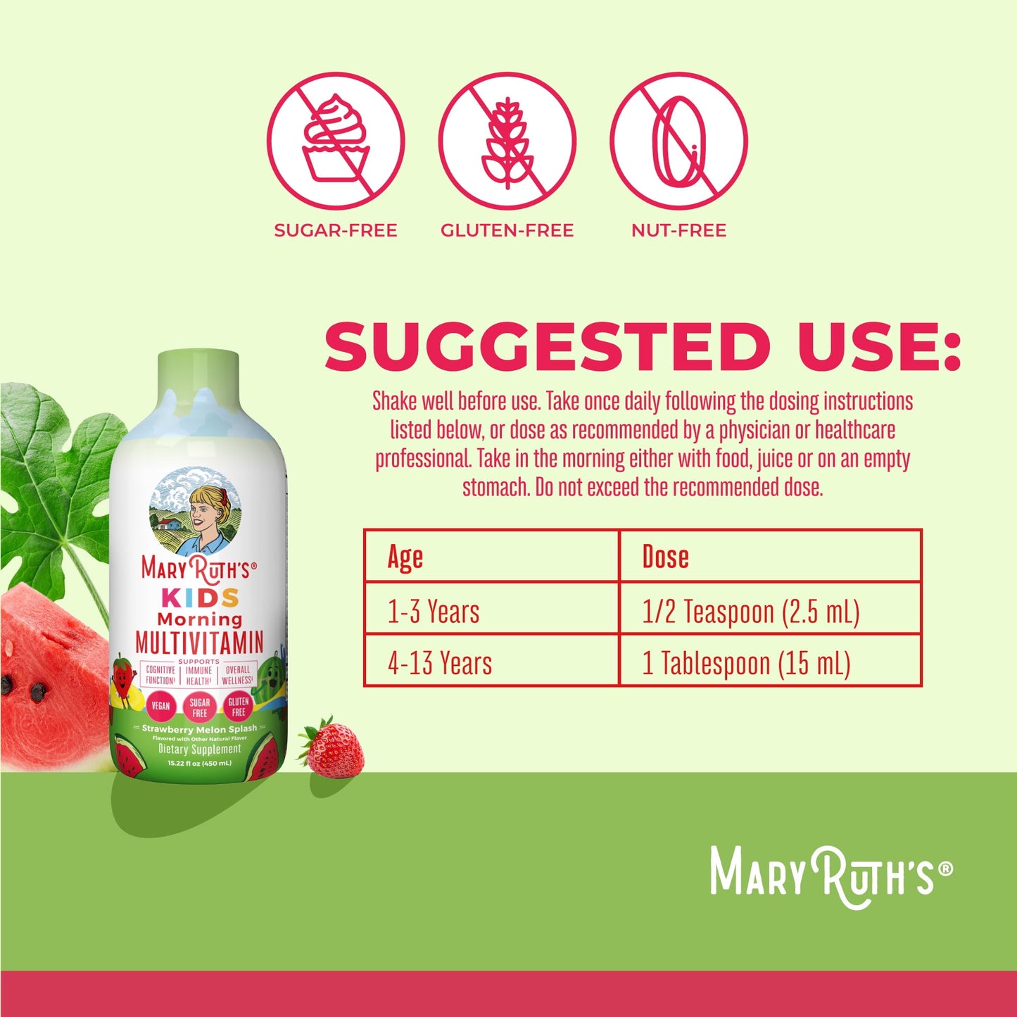 Kids Multivitamínico Líquido Matutino sin Azúcar, Sabor Melón y Fresa, 15.22 oz