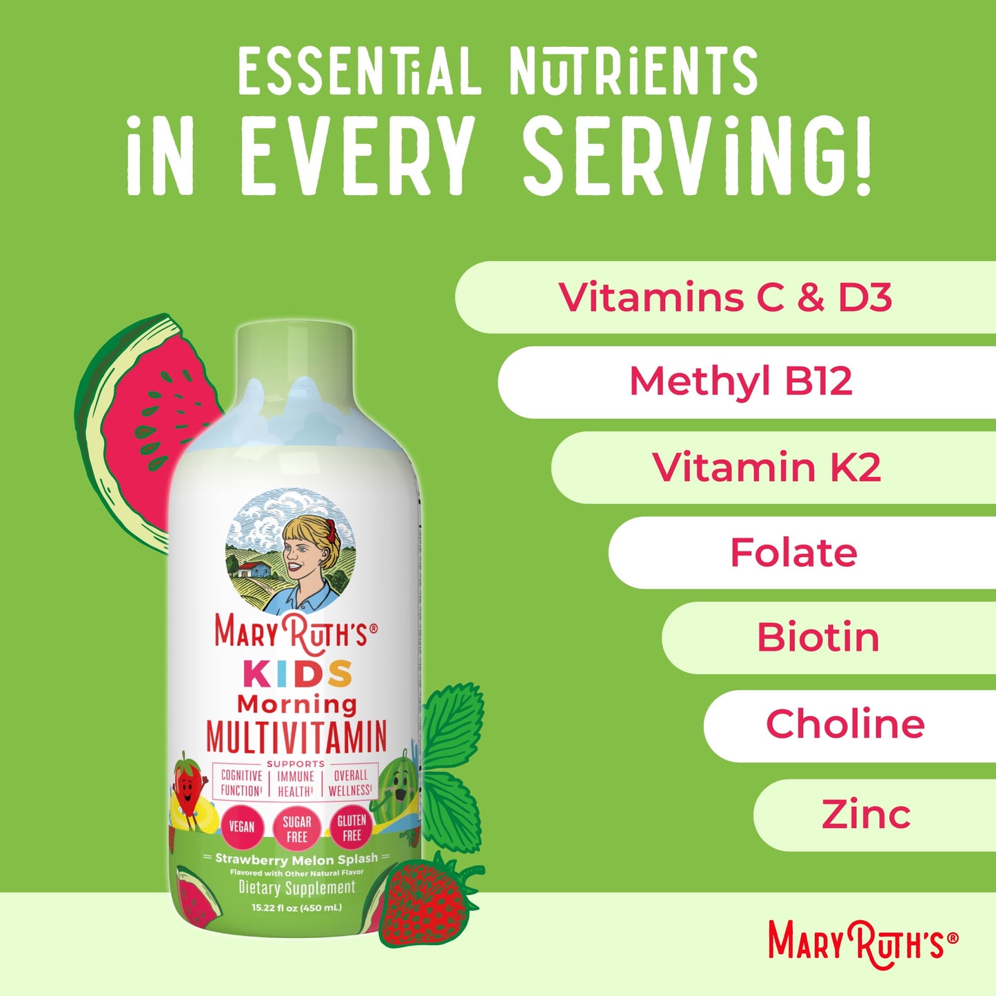 Kids Multivitamínico Líquido Matutino sin Azúcar, Sabor Melón y Fresa, 15.22 oz
