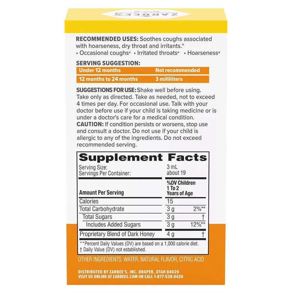 Zarbee's Baby Soothing Cough Syrup with Dark Honey - Natural Peach & Honey Flavor - 2 fl oz