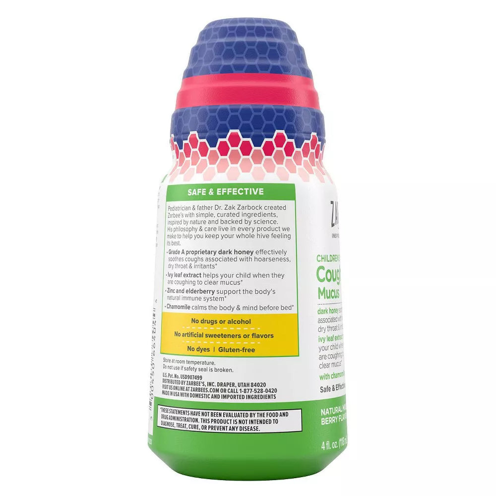 Zarbee's Kids Cough + Mucus Nighttime with Honey, Ivy leaf, Zinc & Elderberry - Mixed Berry - 4 fl oz