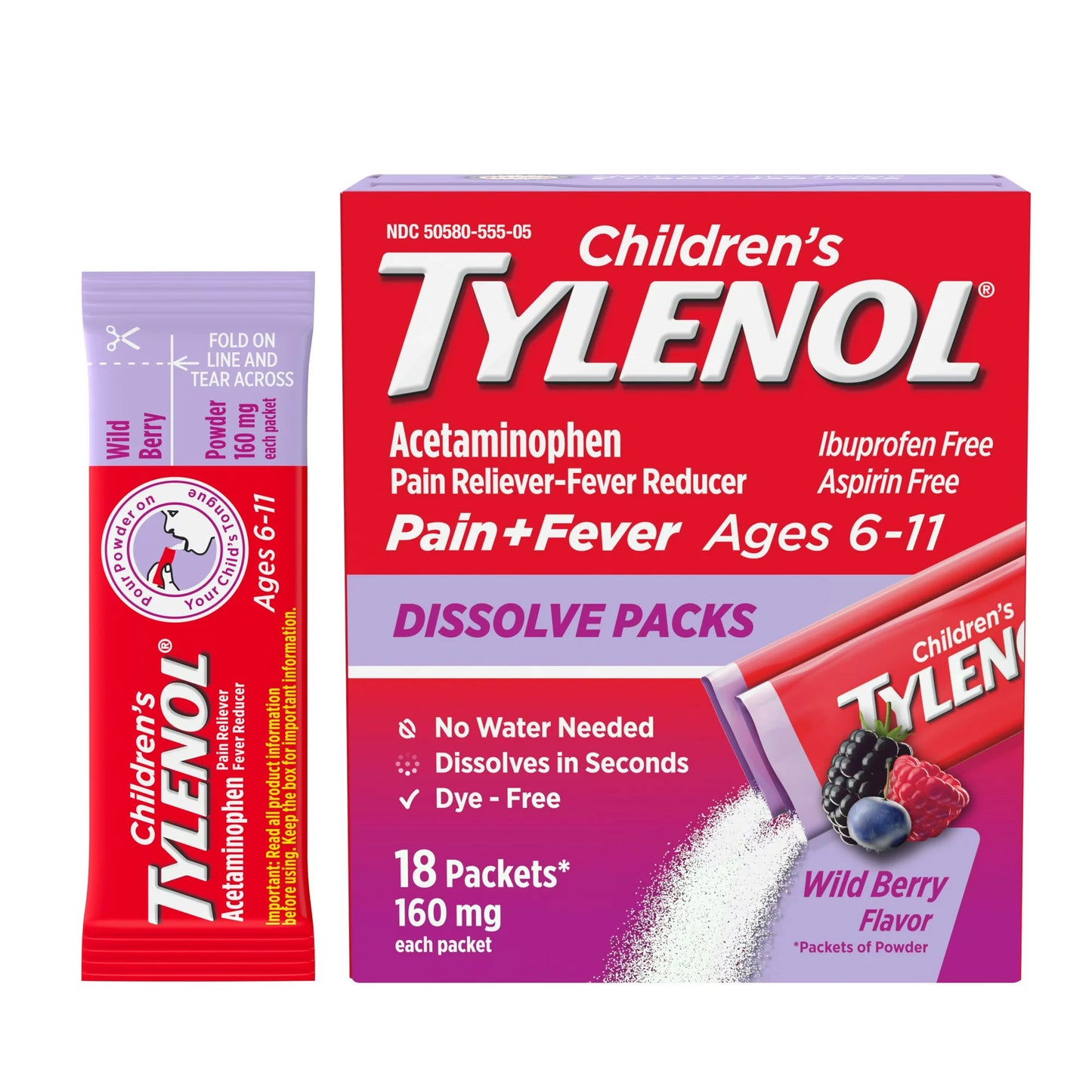 Children's Tylenol Acetaminophen Dissolve Packets, Wild Berry, 18 ct