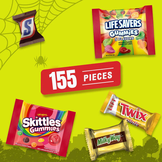 Paquete variado de dulces de Halloween: Snickers, Skittles, gomitas y más - Bolsa a granel de 155 unidades