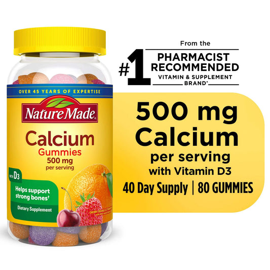 Nature Made Calcium 500 mg Per Serving Gummies, Dietary Supplement for Bone Support, 80 Count