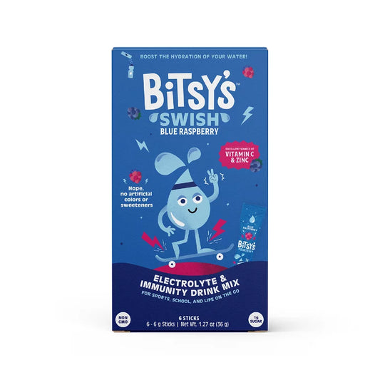 Bitsy's Swish Blue Raspberry Electrolyte and Immunity Sports Drink Mix for Kids, Vitamin C and Zinc Hydration Powder, 6 Packets