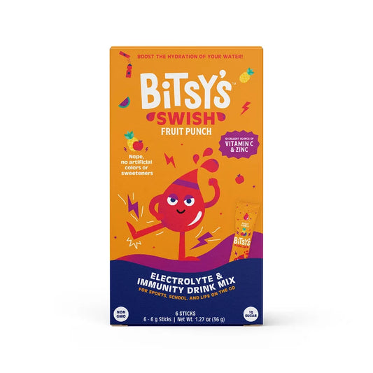 Bitsy's Swish Fruit Punch Electrolyte and Immunity Sports Drink Mix for Kids, Vitamin C and Zinc Hydration Powder, 6 Packets