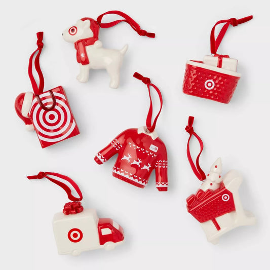 6pc Ceramic Target Christmas Tree Ornament Set Red/White