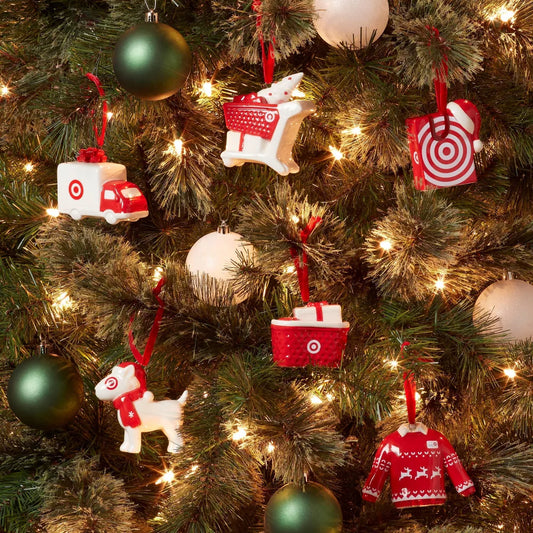 6pc Ceramic Target Christmas Tree Ornament Set Red/White