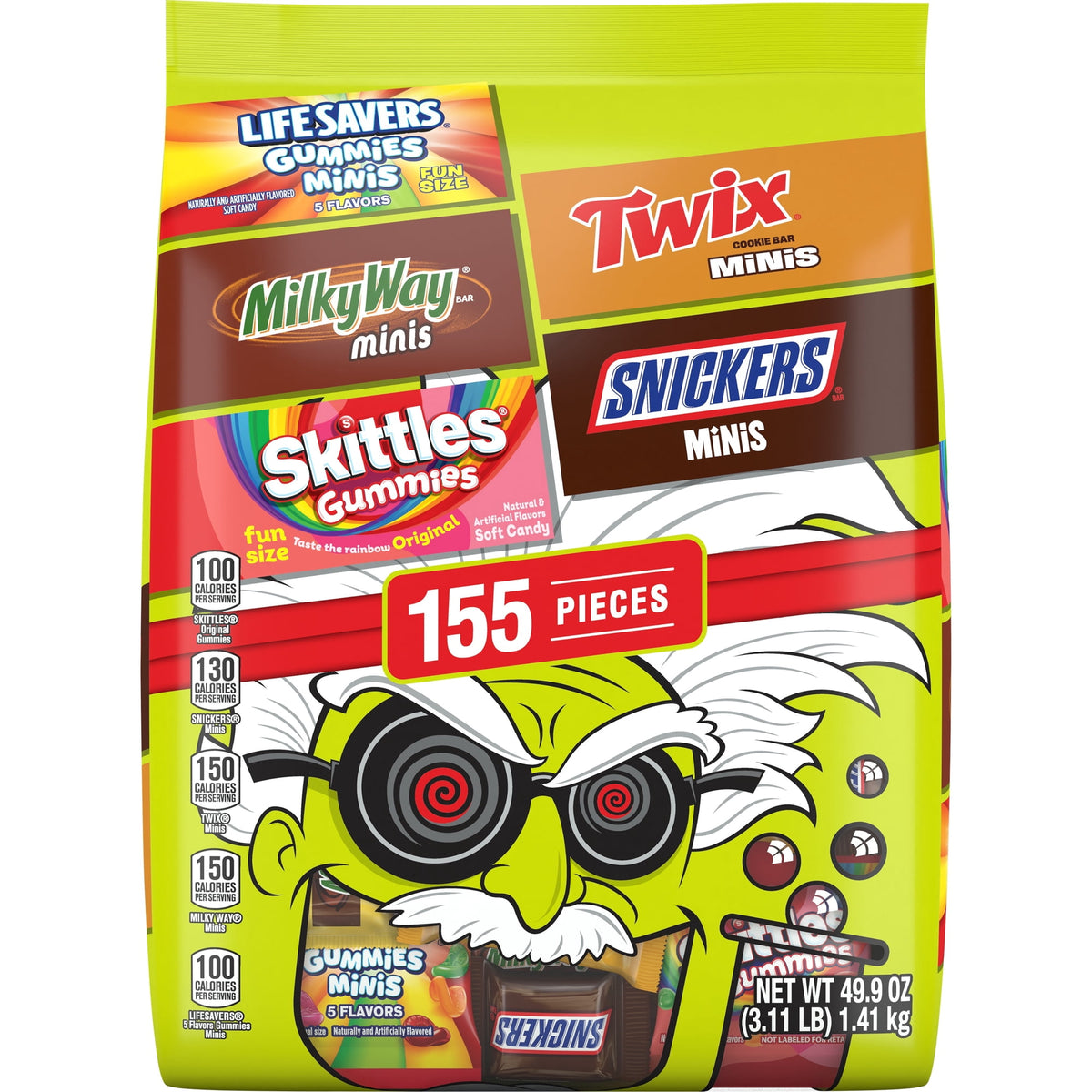 Paquete variado de dulces de Halloween: Snickers, Skittles, gomitas y más - Bolsa a granel de 155 unidades
