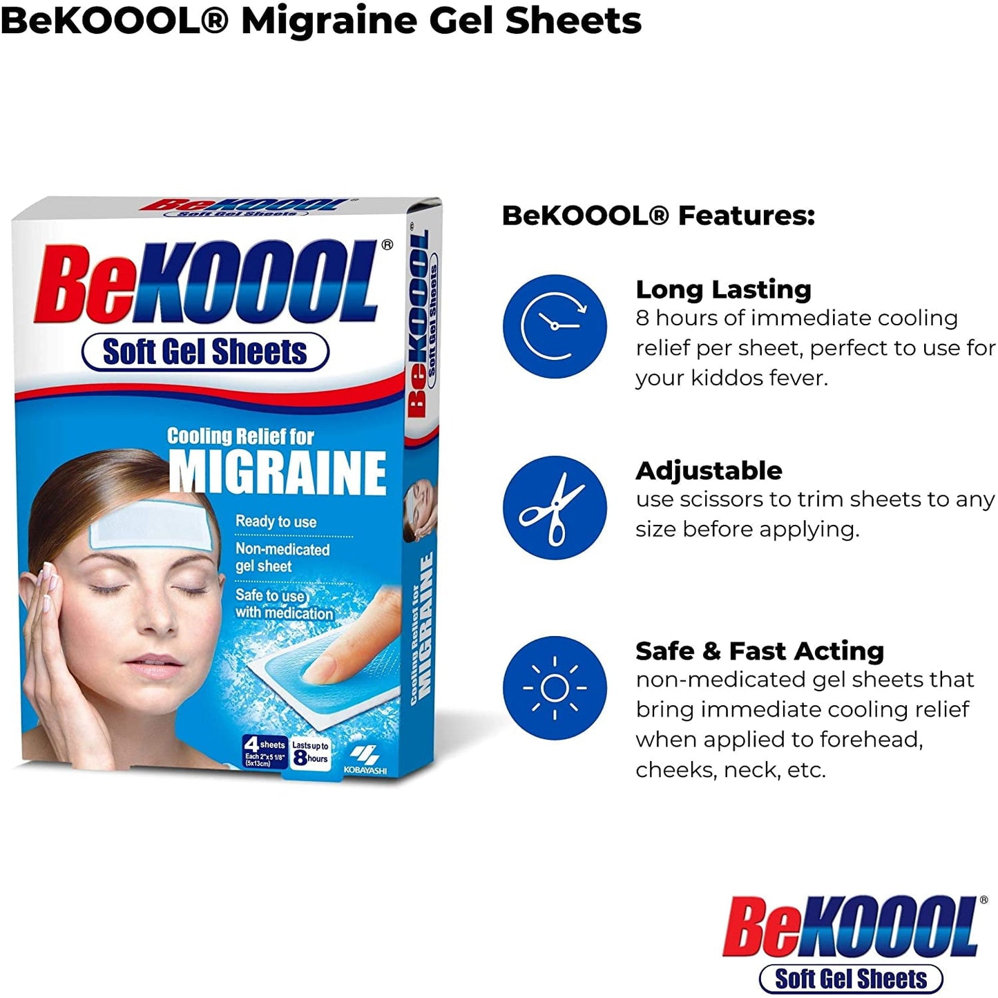 Be Koool Alivio Refrescante para las Hojas de Gel Suave de Migraña, 4 Unidad